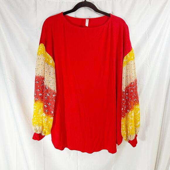 Emerald Red Blouse 1X Floral Chiffon Sleeves Pockets Vacation Summer Top - Picture 1 of 4